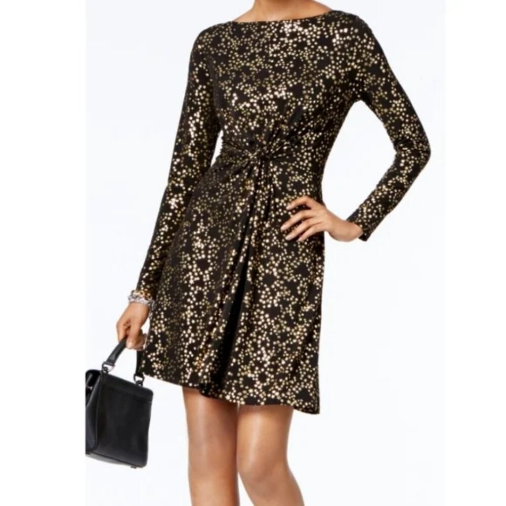 MICHAEL Michael Kors Star Foil Twist Boat Neck Long-Sleeve A-Line Mini Dress